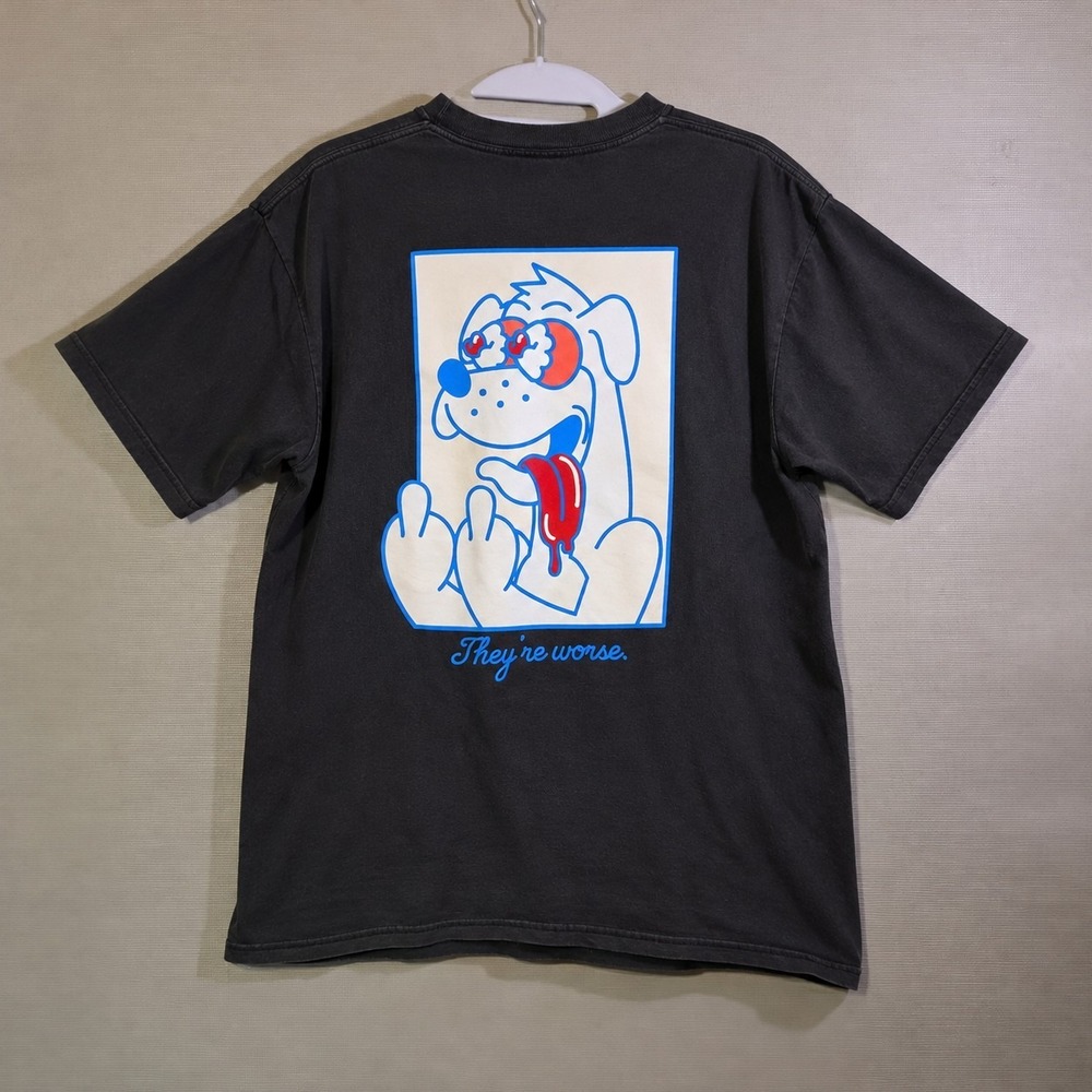 ALAB Graphic T Shirt Large Black Cartoon Dog Double Sided Streetwear Tee